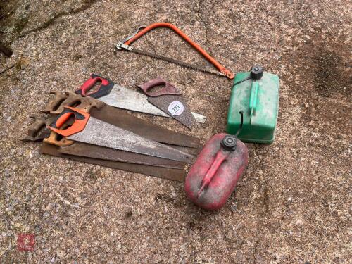 SELECTION OF HANDSAWS AND PETROL CANS