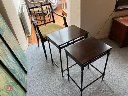 WOODEN ARM CHAIR & 2 TABLES