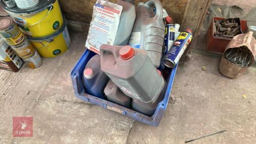 BOX OF ASSORTED OILS, CLEANERS, ETC