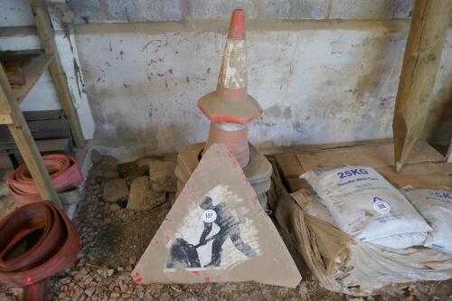 9 TRAFFIC CONES AND ROAD SIGNS