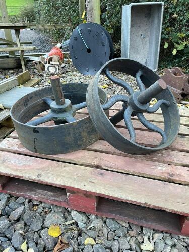 TWO VINTAGE FLAT BELT PULLEYS
