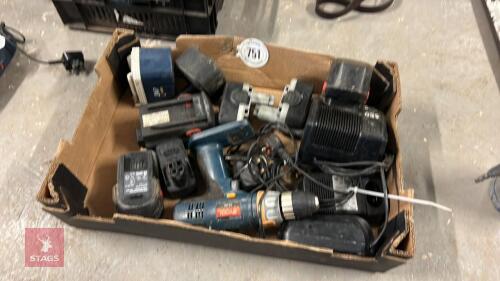 BOX OF BATTERYS, CHARGERS & RYOBI DRILL
