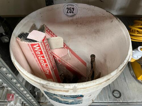 BUCKET OF WELDING RODS & TOOLS (252)