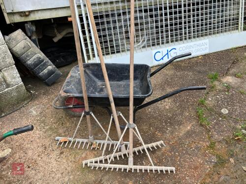 3 RAKES AND WHEELBARROW