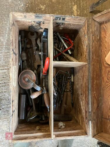 WOODEN CHEST & VINTAGE TOOLS