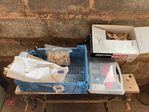 TRAY OF DOWELS & BISCUIT JOINTS ETC