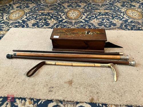 WALKING CANES, HUNTING CROP & BOX (396)