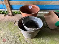 TERRACOTTA PLANT POT & 3 GALV BUCKETS