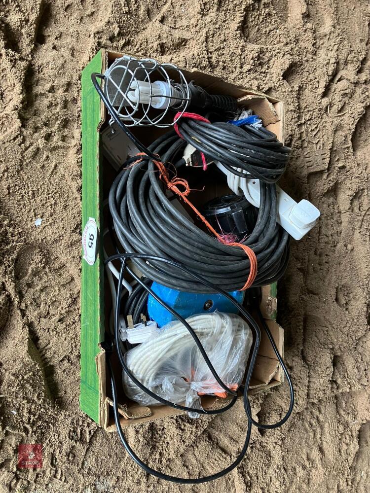 BOX OF EXTENTION LEADS & LEAD LIGHTS ETC