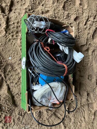 BOX OF EXTENTION LEADS & LEAD LIGHTS ETC
