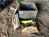 BOX OF BUILDERS TROWELS, FLOATS, ETC