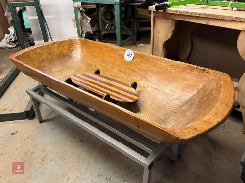 CARVED WOODEN BABY CRADLE/BATH, ETC