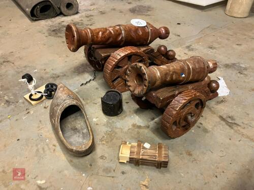 CARVED WOODEN CANONS & 1 CLOG