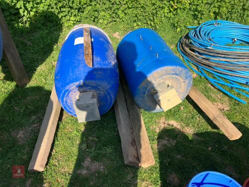 2 BLUE BARREL PLASTIC PHEASANT FEEDERS
