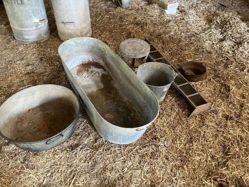 2 TIN BATHS, STOOL, BUCKET, TROUGH ETC