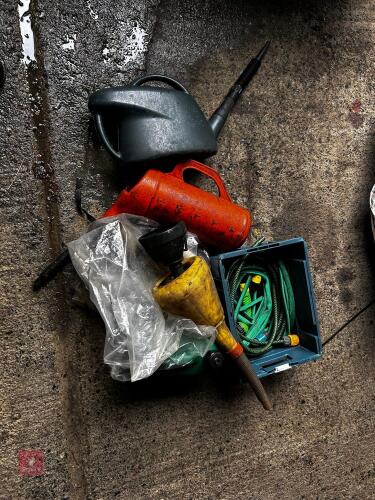 VARIOUS FUNNELS, WATERING CAN, ETC