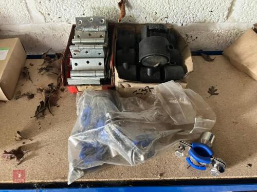 QTY OF HINGES CLAMPS & CASTOR WHEELS
