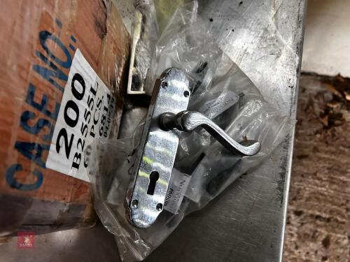 BOX OF SILVER COLOURED DOOR HANDLES, ETC