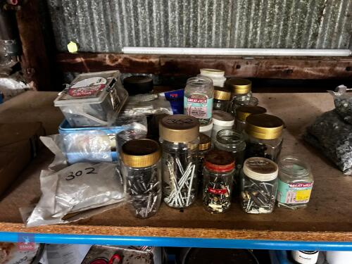 LRG QTY OF NAILS & SCREWS IN JAM JARS