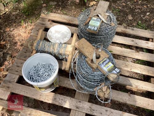 BARBED WIRE ROLLS & BUCKET OF STAPLES
