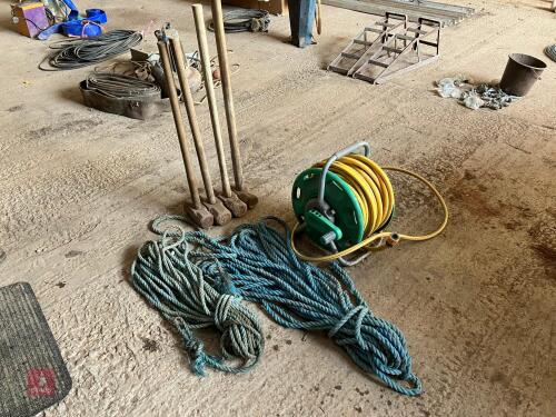 ROPE, SLEDGE HAMMERS, HOSE PIPE