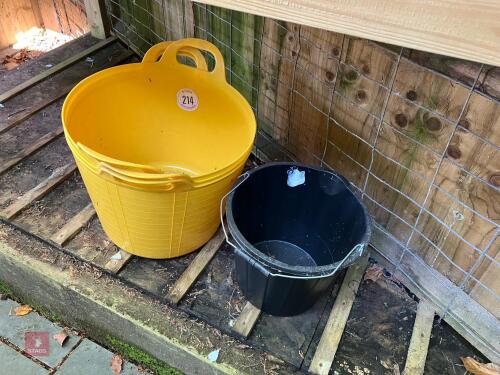 3 YELLOW TRUGS AND BUCKET