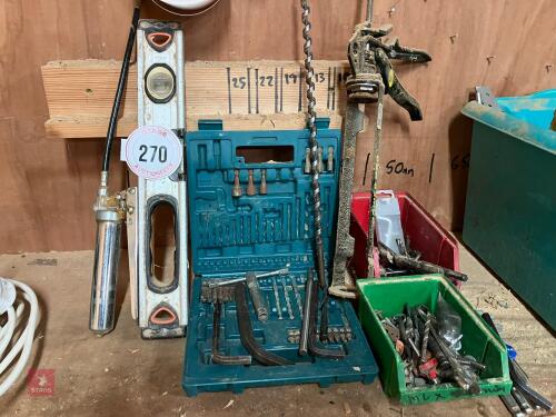 DRILLBITS, GREASE GUN, SPIRIT LEVEL, ETC