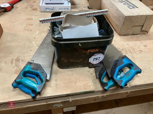 6 SAWS & BUCKET OF MIXED FIXINGS