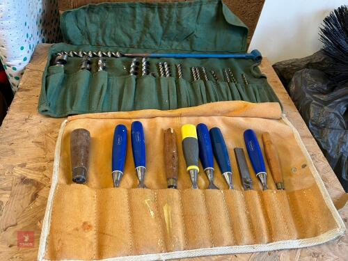 SELECTION OF WOOD CHISELS AND DRILLS