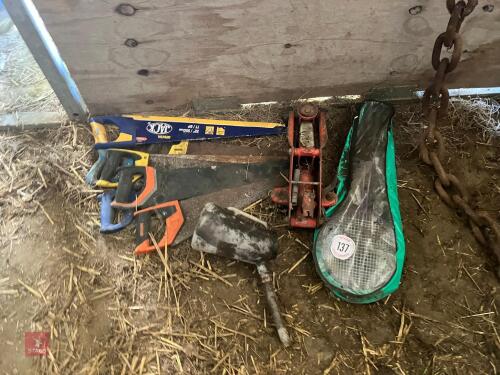 7 HAND SAWS, TROLLEY JACK, JUG, ETC