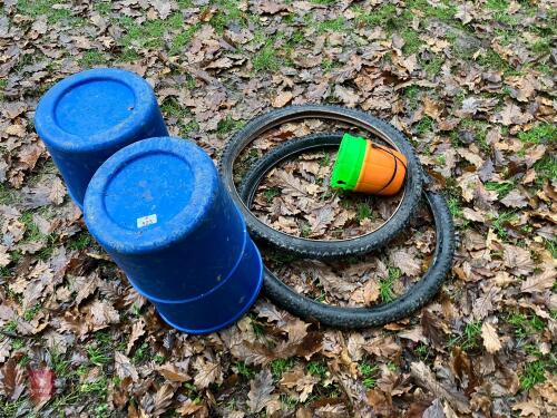 2 BLUE BINS, BUCKETS & 2 TYRES