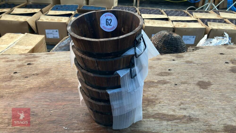 5 SMALL WOODEN BARREL PLANTERS