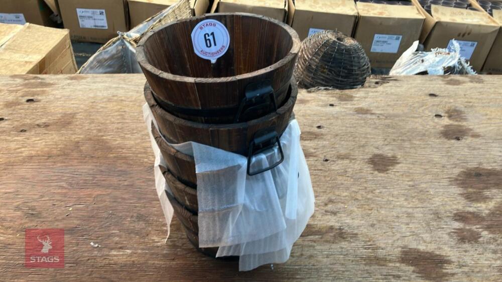 5 SMALL WOODEN BARREL PLANTERS