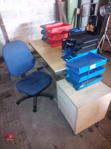 OFFICE DESK, CHAIR, FILE TRAYS, ETC