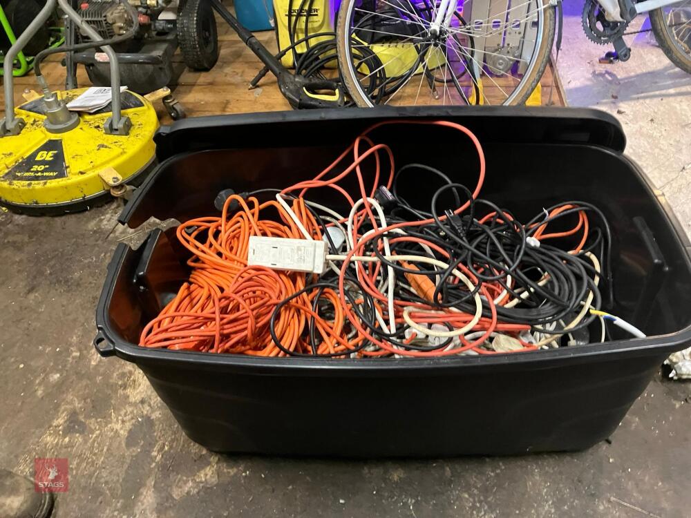 BOX OF ASSORTED ELECTRIC CABLES & LEADS