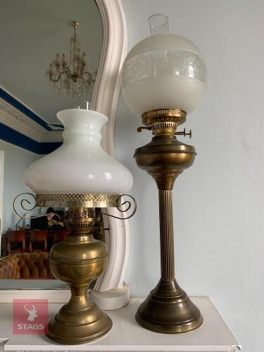 TWO BRASS DOUBLE WICK OIL LAMPS