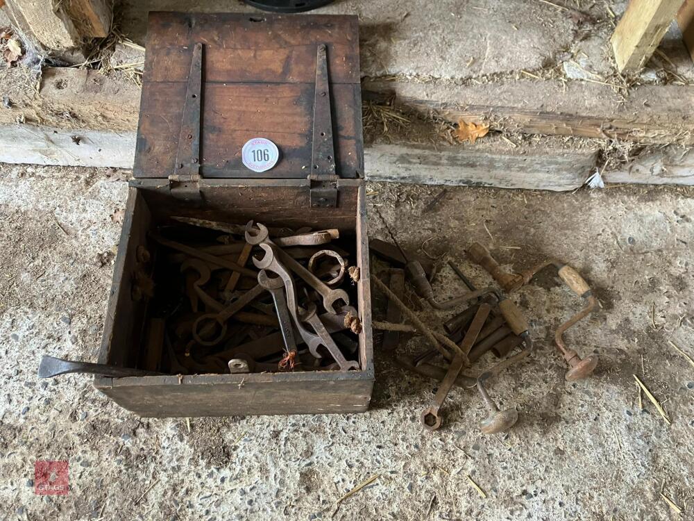 WOODEN BOX OF SPANNERS