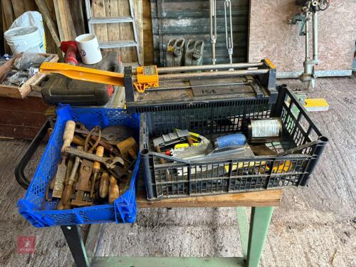 2 BOXES OF HAND TOOLS & TILE CUTTER