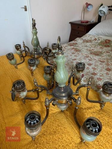 A PAIR OF BRASS & MARBLE CHANDELIERS