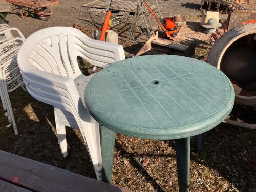 ROUND PLASTIC GARDEN TABLE & 4 CHAIRS(6)