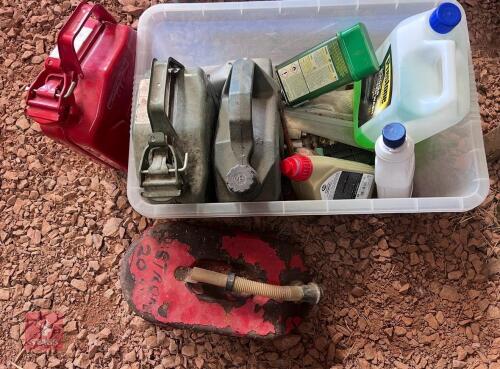 TUB OF MIXED FUEL CANS & OILS (65)